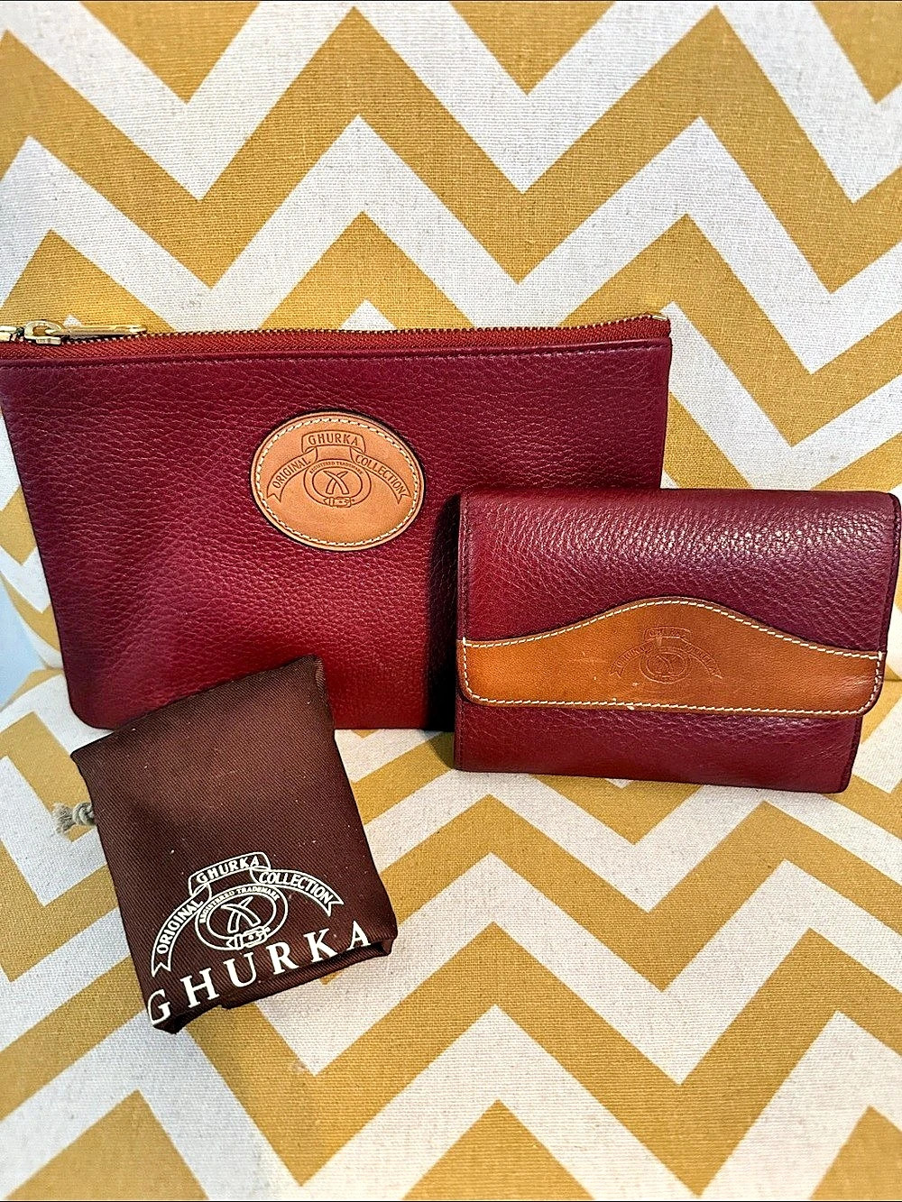 Vintage Ghurka Burgundy Pebbled Leather Wallet  and Zip Pouch